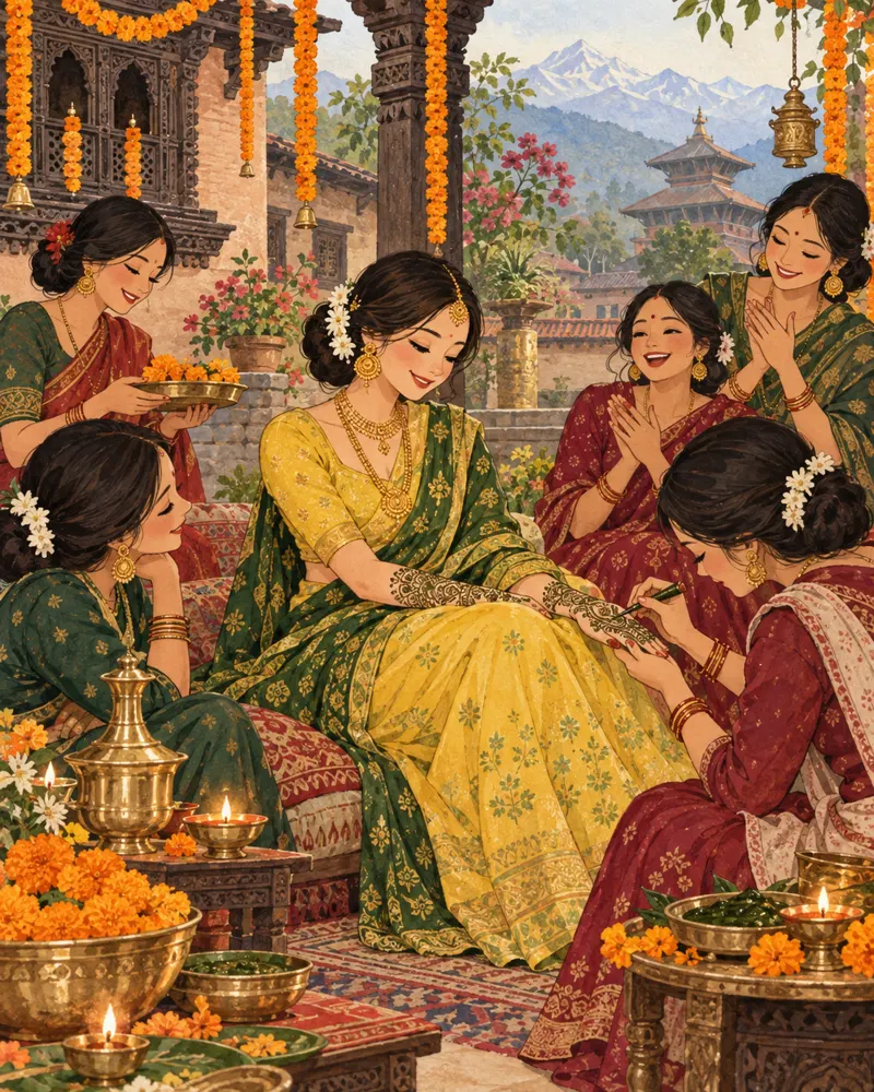Illustrated Mehendi & Matri Puja celebration